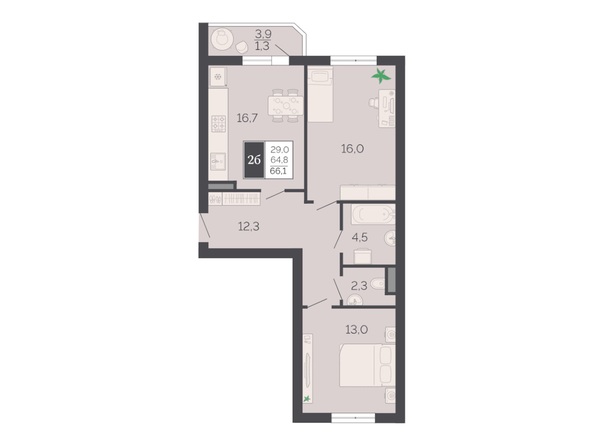 Планировка 2-комн 65,5, 66,1 м²