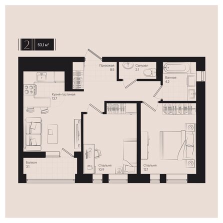 Планировка 2-комн 53,1 м²