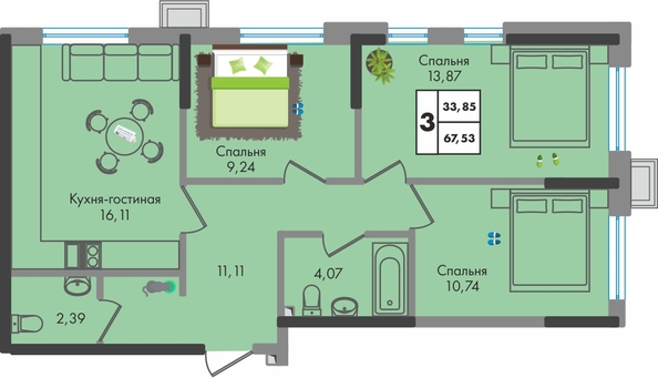 Планировка 3-комн 67,53 м²