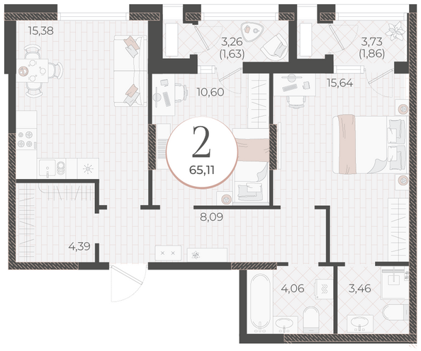Планировка 2-комн 65,11 м²