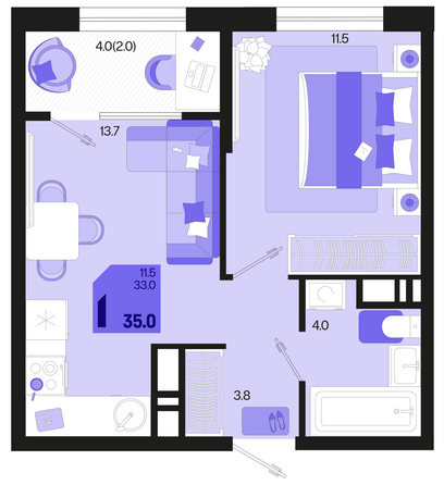 Планировка 1-комн 35 - 39,2 м²