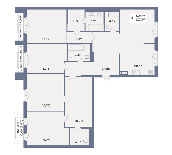 Планировка 4-комн 169,02 м²