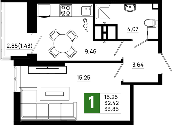 Планировка 1-комн 33,85 м²