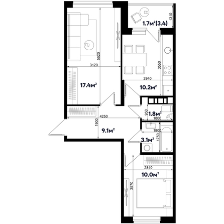 Планировка 2-комн 53,3 м²