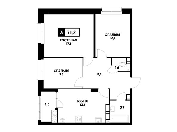 Планировка 3-комн 71,2, 71,3 м²