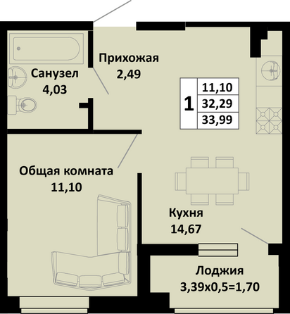 Планировка 1-комн 33,99 м²