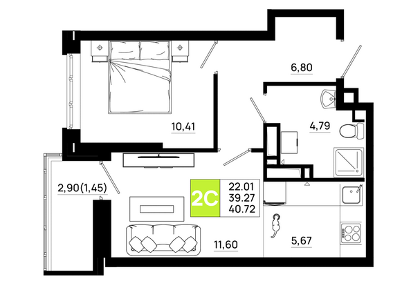 Планировка 1-комн 40,72 м²