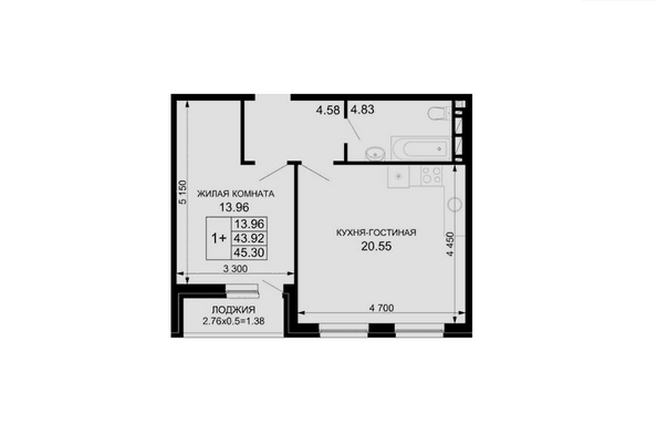 Планировка 1-комн 45,3, 45,82 м²