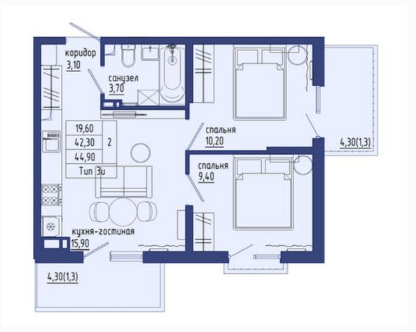 Планировка 3-комн 44,9 м²