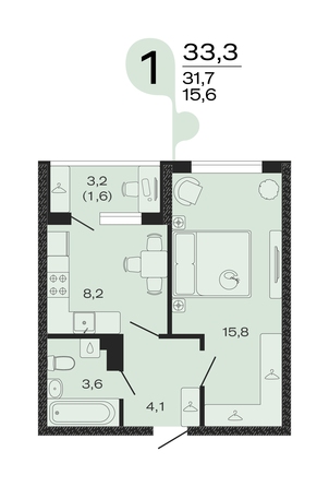 Планировка 1-комн 33,3 м²