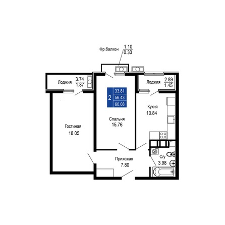 Планировка 2-комн 60,08 м²