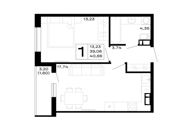 Планировка 1-комн 40,66 м²