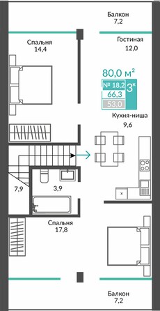 Планировка 3-комн 80 м²