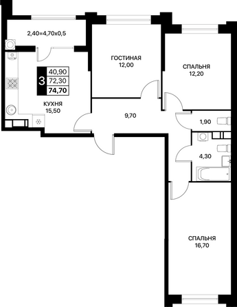 Планировка 3-комн 74,7 м²
