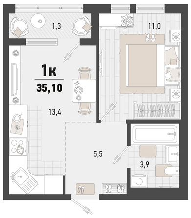 Планировка 1-комн 35,1 м²