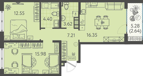 Планировка 2-комн 62,75 м²