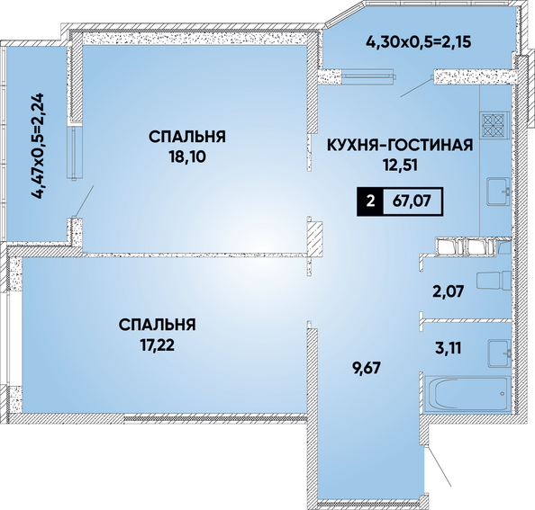 Планировка 2-комн 67,07 м²