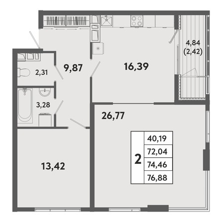Планировка 2-комн 74,46 м²