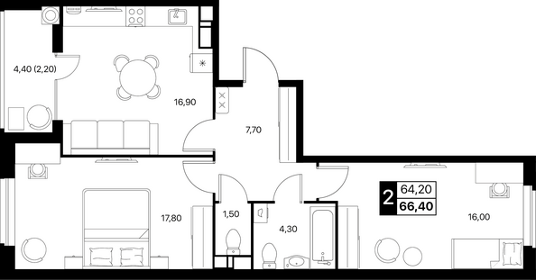 Планировка 2-комн 66,4, 66,7 м²