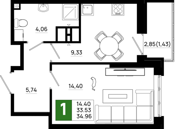 Планировка 1-комн 34,96 м²