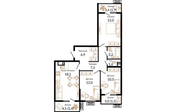 Планировка 3-комн 79, 79,1 м²