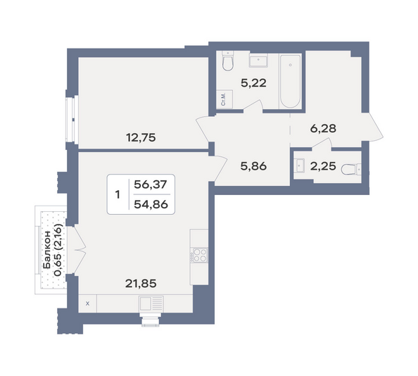 Планировка 1-комн 56,37 м²
