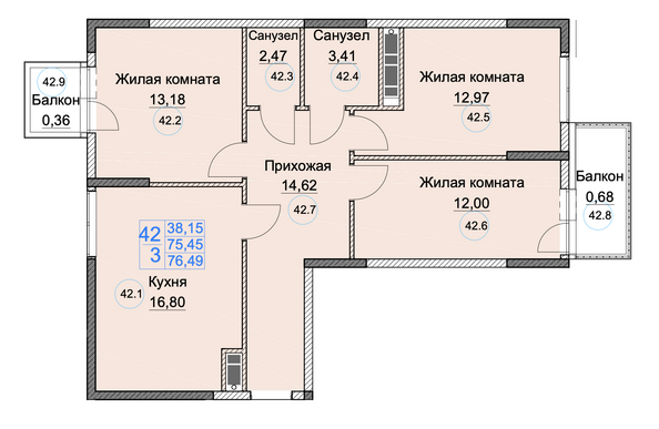 Планировка 3-комн 76,49 м²