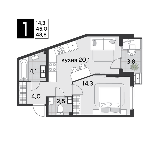 Планировка 1-комн 48,8 м²