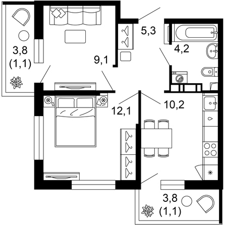 Планировка 2-комн 43,1 м²