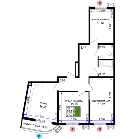 Планировка 3-комн 77,91 м²