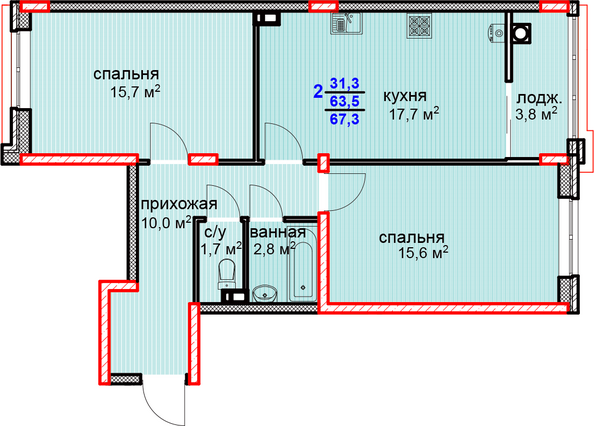 Планировка 2-комн 67,3 м²