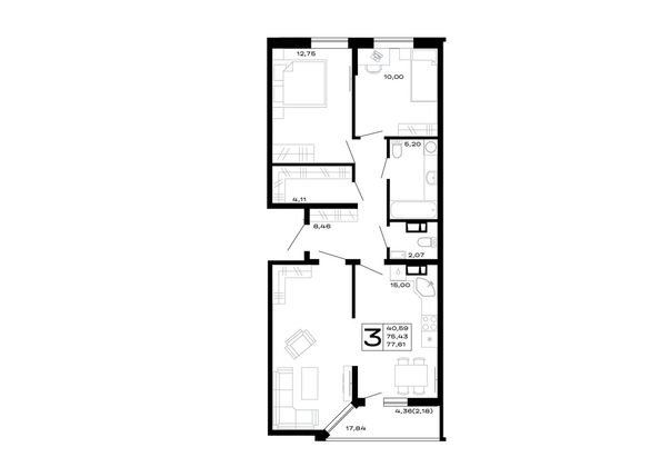 Планировка 3-комн 77,61 м²