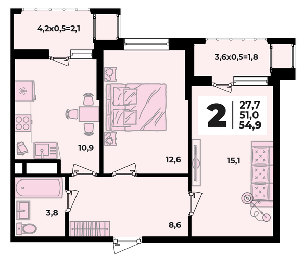 Планировка 2-комн 54,9 м²