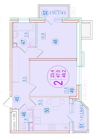 Планировка 2-комн 49,2 м²