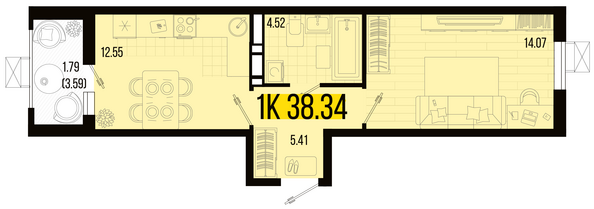 Планировка 1-комн 38,34 м²