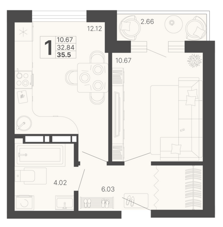 Планировка 1-комн 34,17 м²