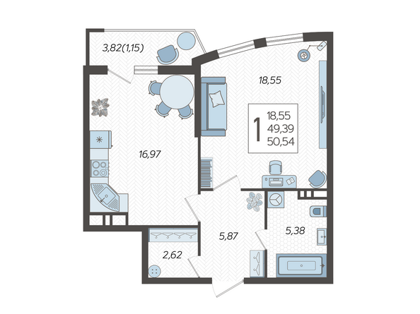 Планировка 1-комн 50,54 м²