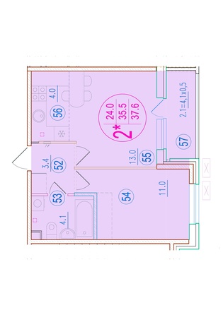 Планировка 2-комн 37,6 м²