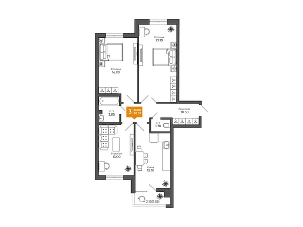 Планировка 3-комн 83,35 м²