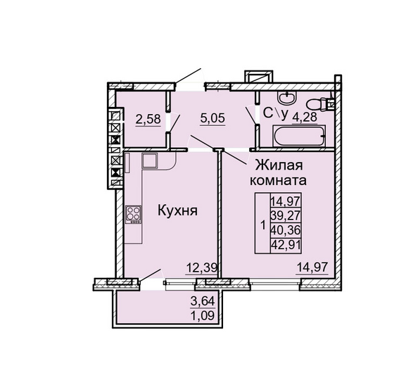Планировка 1-комн 40,36 м²