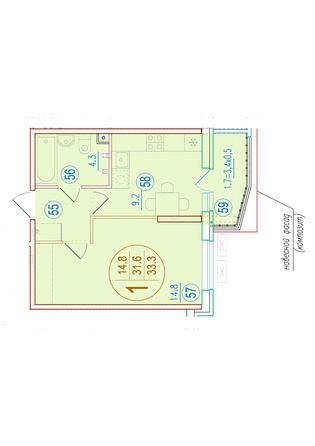 Планировка 1-комн 33,3 м²