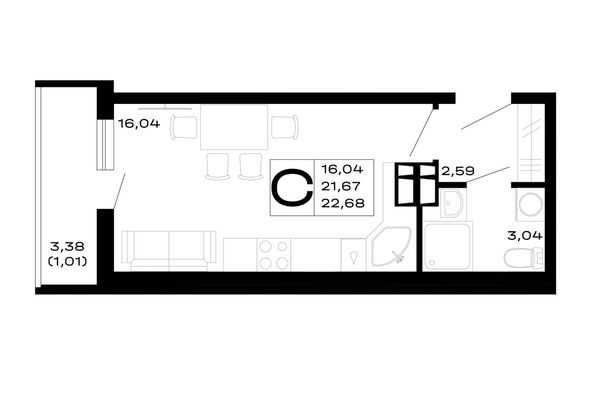 Планировка 1-комн 22,68 м²