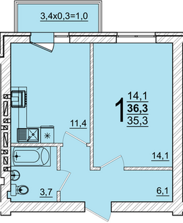 Планировка 1-комн 36,3 м²