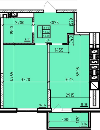 Планировка 1-комн 45,58 м²