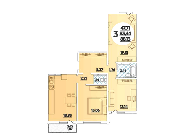 Планировка 3-комн 84,57, 85,65 м²