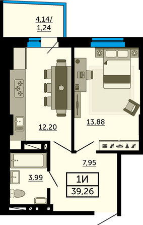 Планировка 1-комн 38,99, 39,09 м²