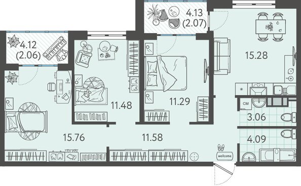 Планировка 3-комн 76,67 м²
