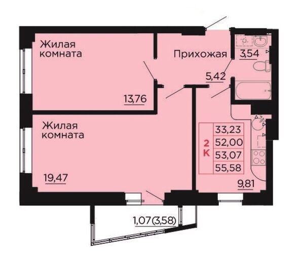 Планировка 2-комн 53,07 м²