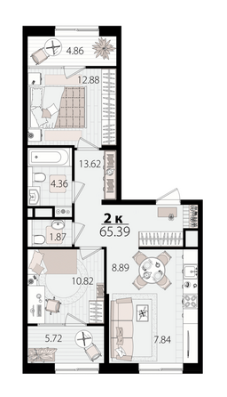 Планировка 2-комн 65,39 м²