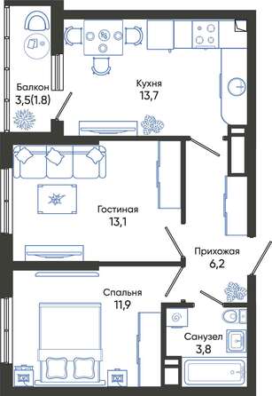 Планировка 2-комн 50,4 - 51,4 м²